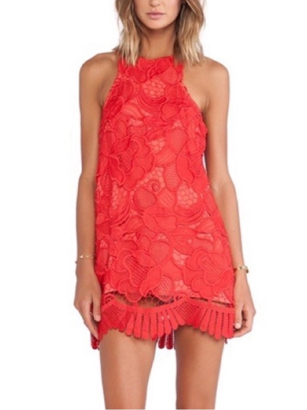 NWOT Lovers + Friends Caspian Red Floral Lace Halter Tank Mini Dress S